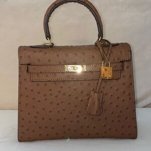 NEW 25cm ostrich leather brown top handle handbag